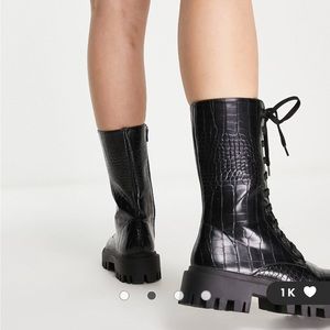 Public Desire Beau lace up biker boots with chunky soles in black croc